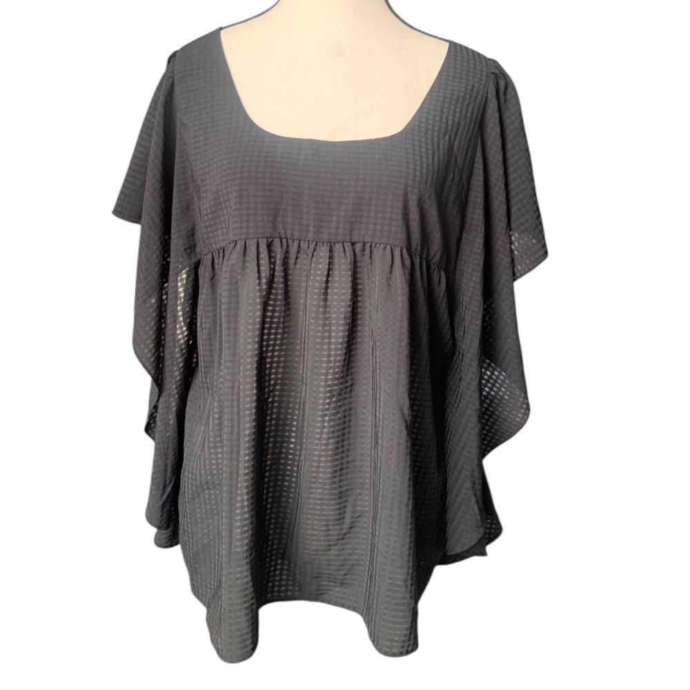 Who What Wear Blouse Top Gingham Butterfly Sleeve Black Side Tie Cinchers